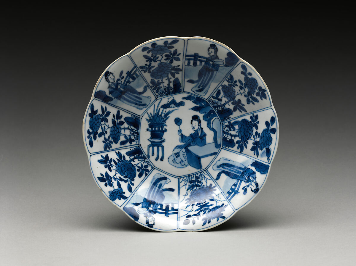 Plate with cartouches of women and plants, Porcelain painted in underglaze cobalt blue (Jingdezhen ware), China 