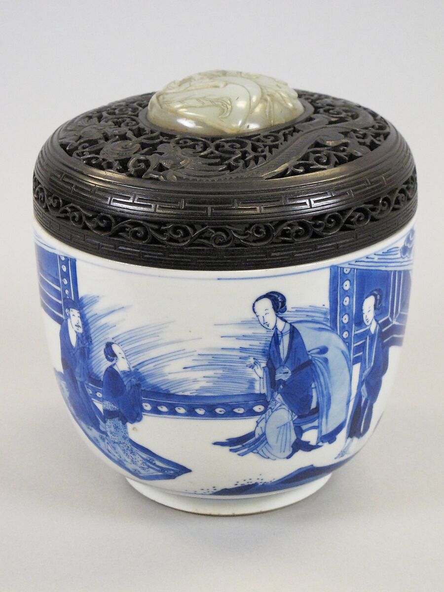 Jar with theatrical scene, Porcelain painted in underglaze cobalt blue (Jingdezhen ware), wooden lid with a jade knob, China 