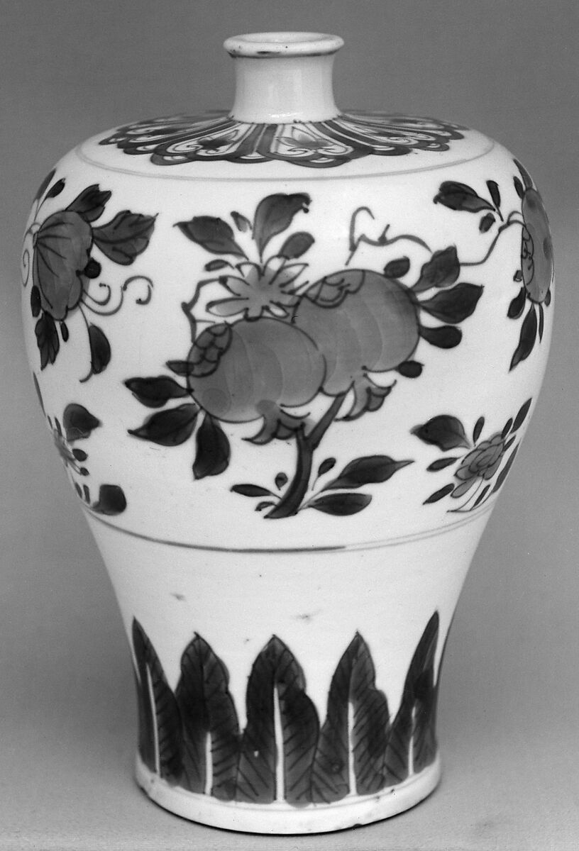 Meiping vase  with peaches, pomegranades, and fingered citrons, Porcelain painted in underglaze cobalt blue (Jingdezhen ware), China