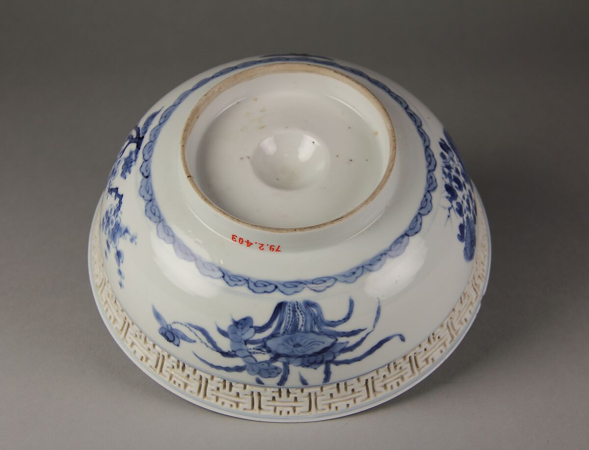 Bowl with immortals and flowers, Porcelain painted in underglaze cobalt blue, and with relief decoration (Jingdezhen ware), China