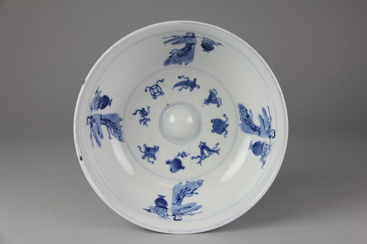 Bowl with immortals and flowers, Porcelain painted in underglaze cobalt blue, and with relief decoration (Jingdezhen ware), China