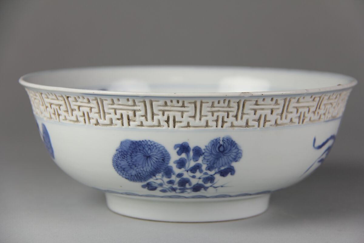 Bowl with immortals and flowers, Porcelain painted in underglaze cobalt blue, and with relief decoration (Jingdezhen ware), China