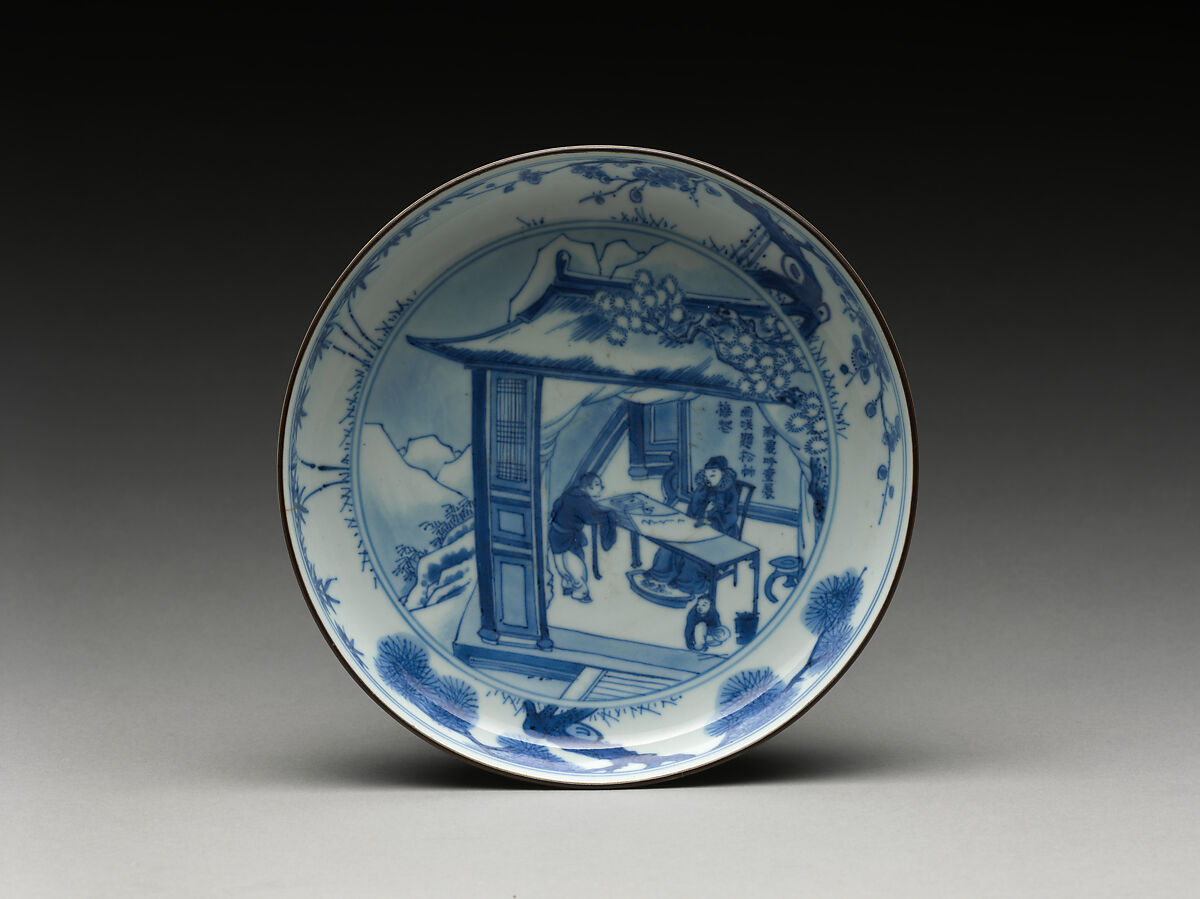 Dish with a scholar writing on a snowy night, Porcelain painted in underglaze cobalt blue (Jingdezhen ware), China 