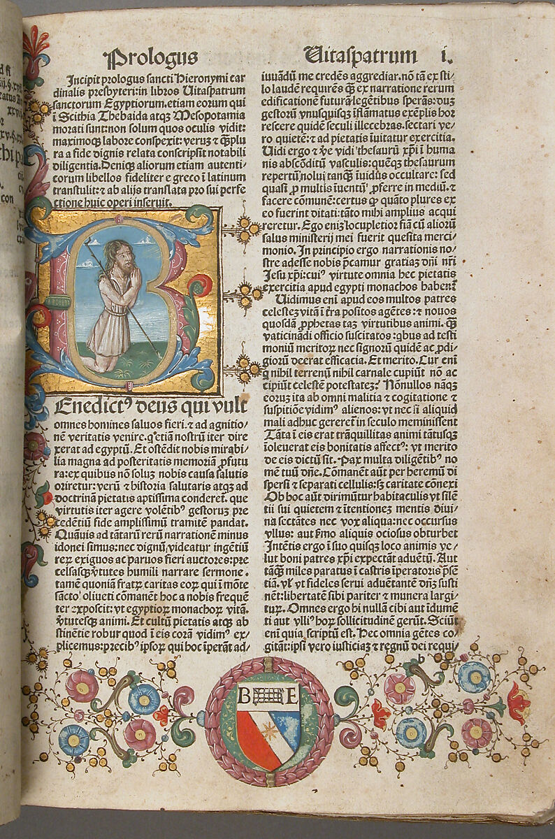 Saint Jerome's Lives of the Fathers, Printed on paper with one tempera and gold illumination; Binding: marbelized paper and bleached leather, Italian 