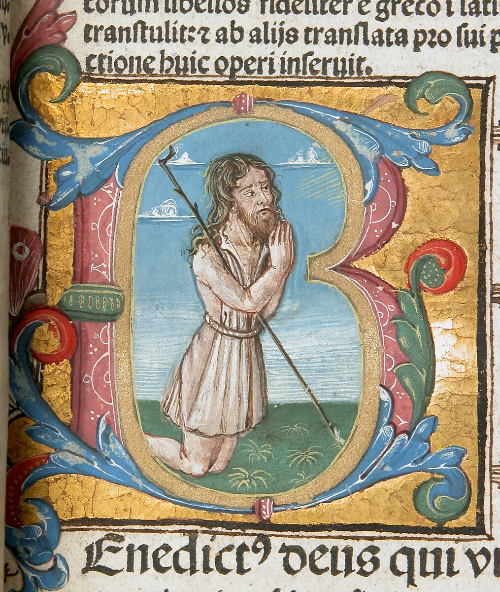 Saint Jerome's Lives of the Fathers, Printed on paper with one tempera and gold illumination; Binding: marbelized paper and bleached leather, Italian