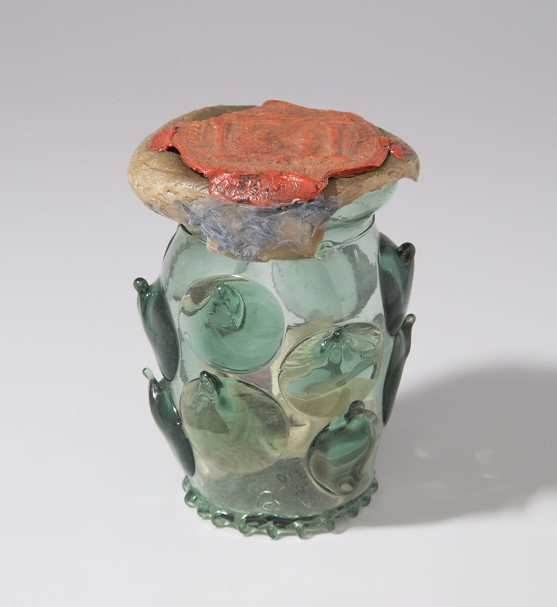 Reliquary Beaker (Krautstrunk), Free-blown glass with applied decoration; wax, silk, linen, ink on vellum, and possible human remains, German 