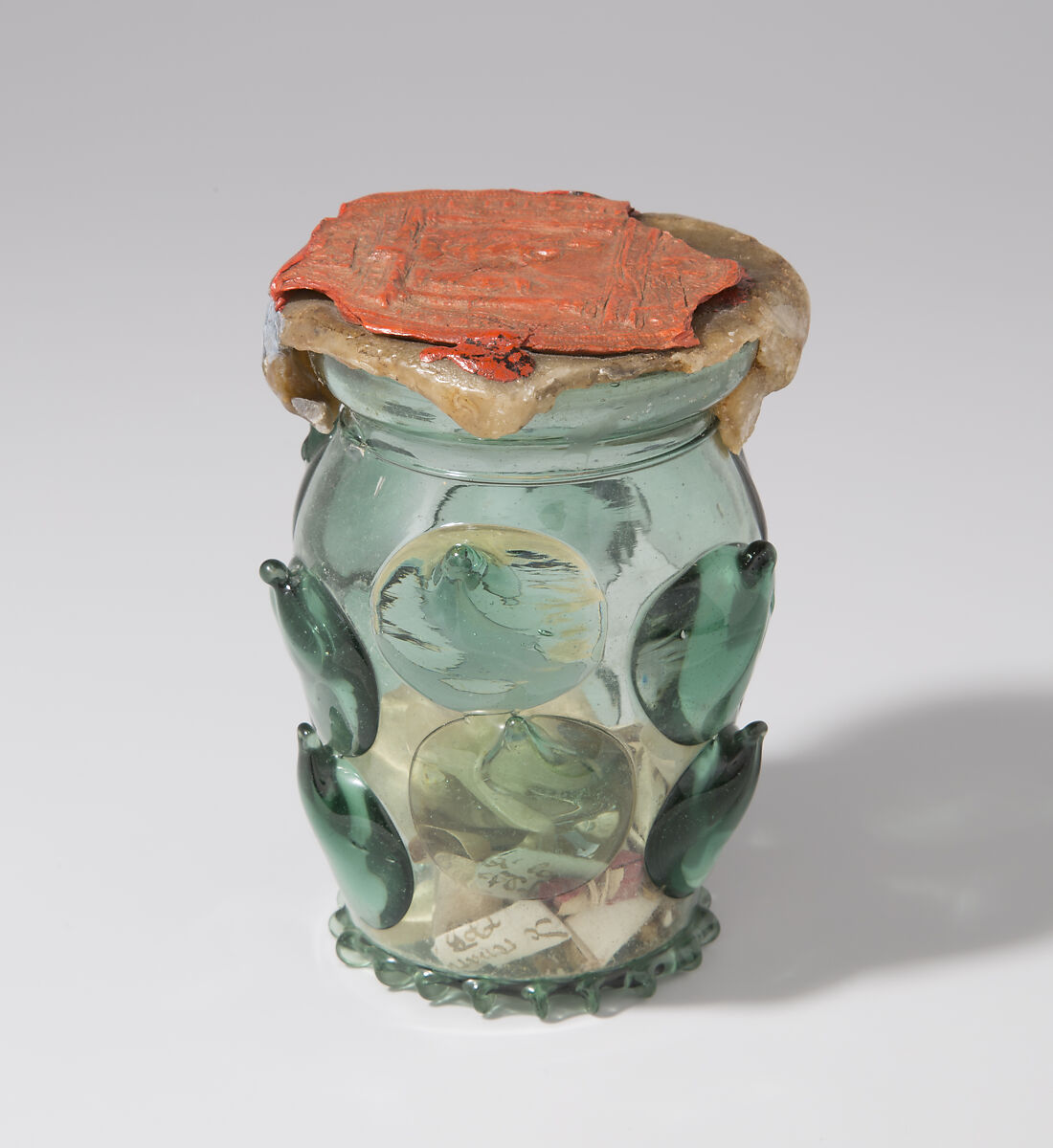 Reliquary Beaker (Krautstrunk), Free-blown glass with applied decoration; wax, silk, linen, ink on vellum, and possible human remains, German