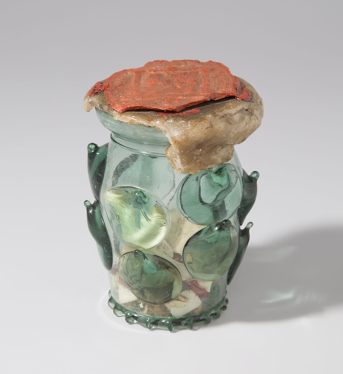 Reliquary Beaker (Krautstrunk), Free-blown glass with applied decoration; wax, silk, linen, ink on vellum, and possible human remains, German