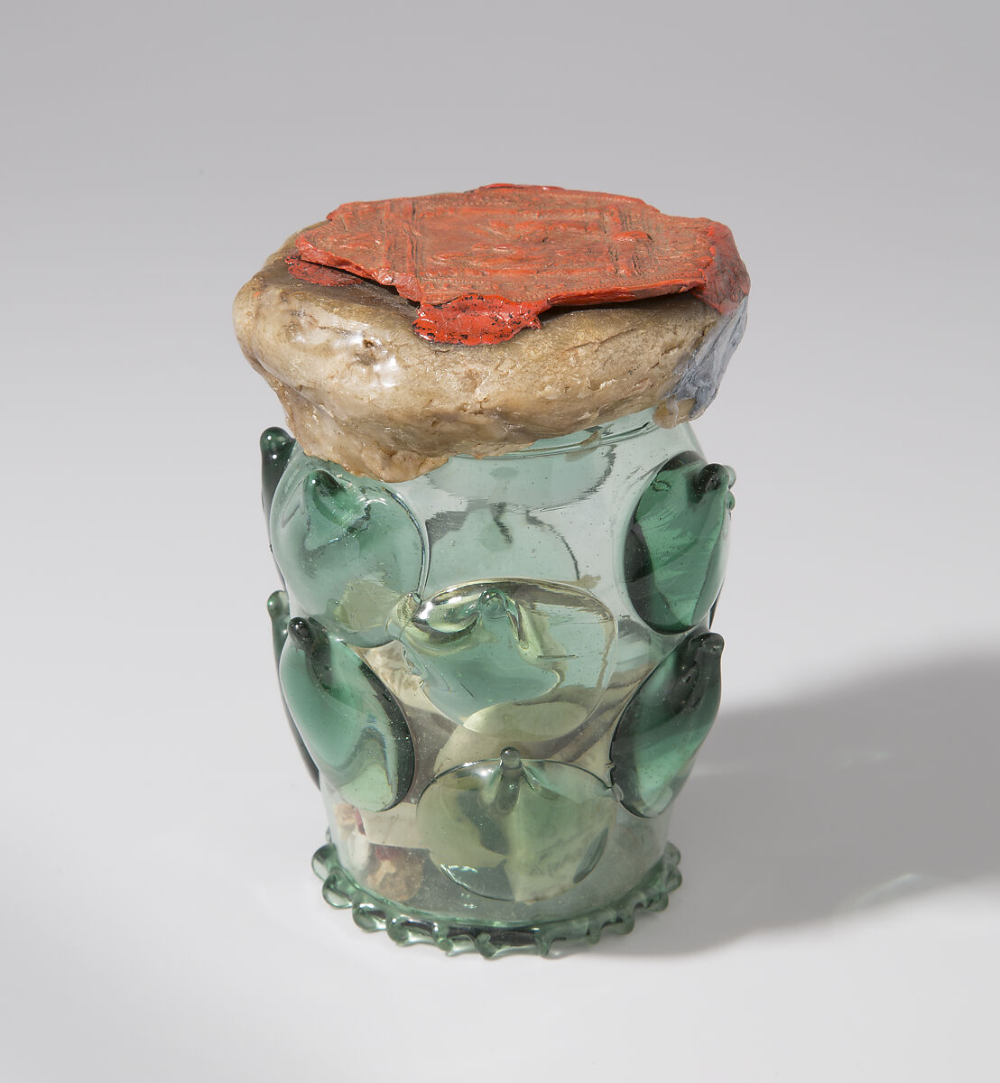 Reliquary Beaker (Krautstrunk), Free-blown glass with applied decoration; wax, silk, linen, ink on vellum, and possible human remains, German