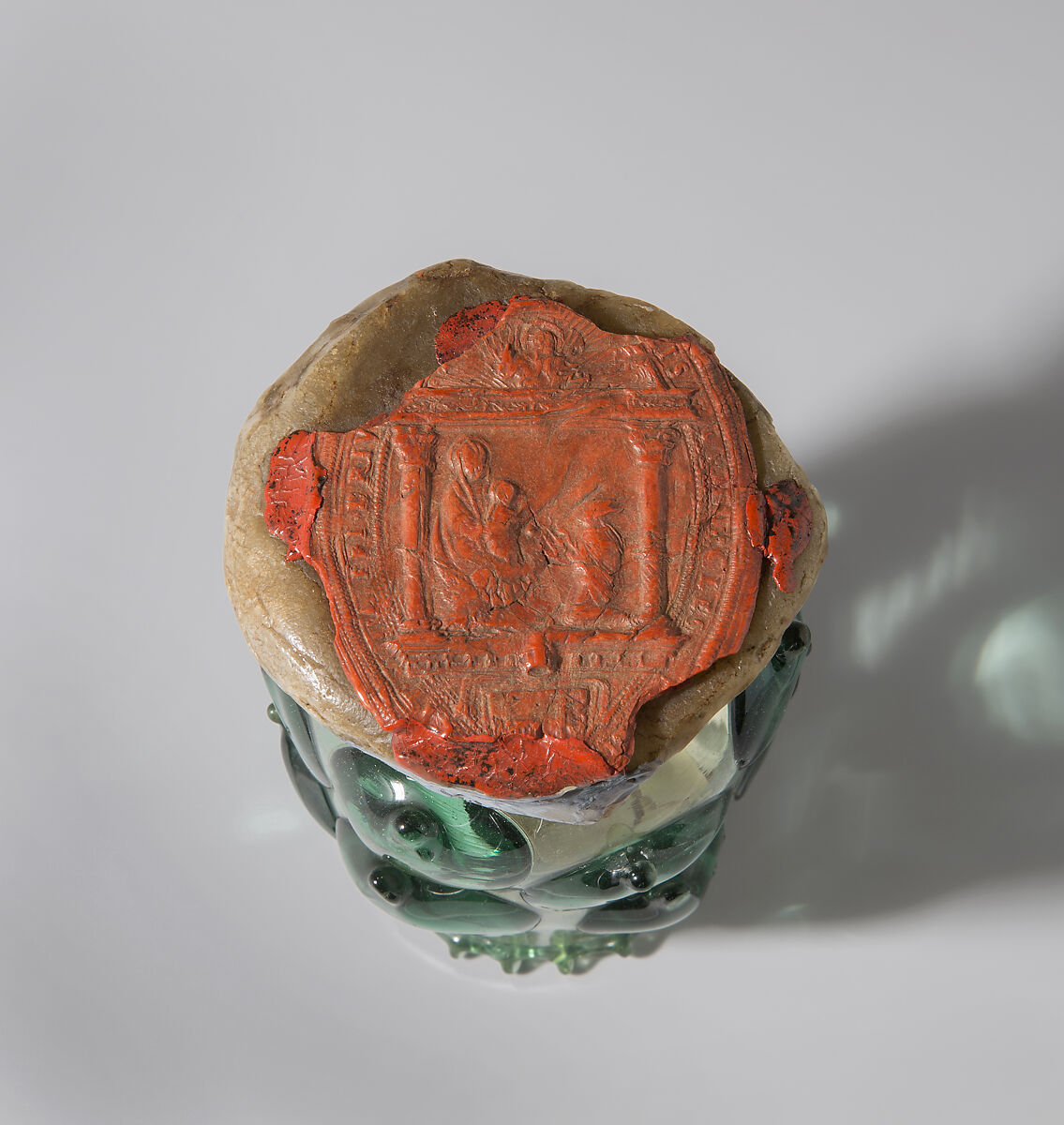 Reliquary Beaker (Krautstrunk), Free-blown glass with applied decoration; wax, silk, linen, ink on vellum, and possible human remains, German