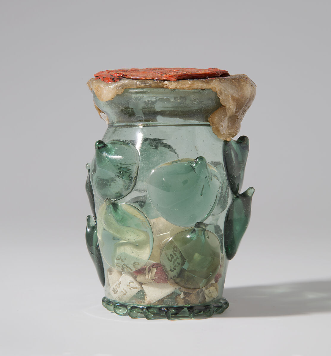 Reliquary Beaker (Krautstrunk), Free-blown glass with applied decoration; wax, silk, linen, ink on vellum, and possible human remains, German