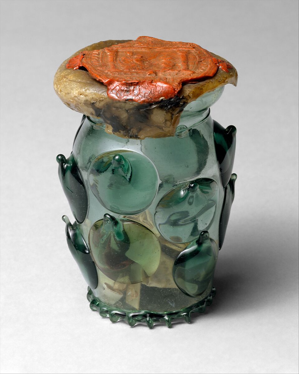 Reliquary Beaker (Krautstrunk), Free-blown glass with applied decoration; wax, silk, linen, ink on vellum, and possible human remains, German