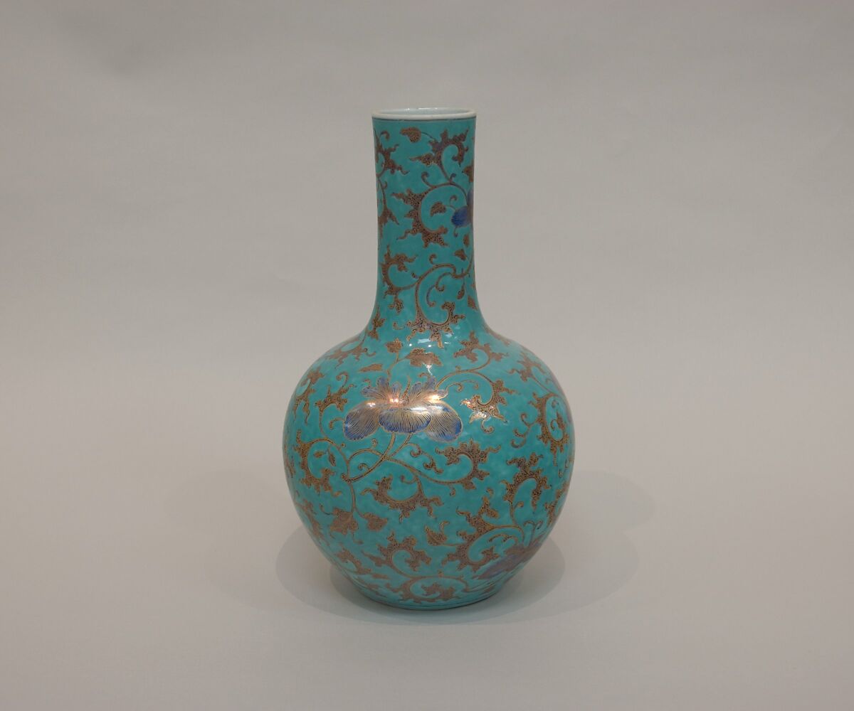 Vase with floral scrolls, Porcelain painted with underglaze cobalt blue and overglaze enamel and gilding (Jingdezhen ware), China 