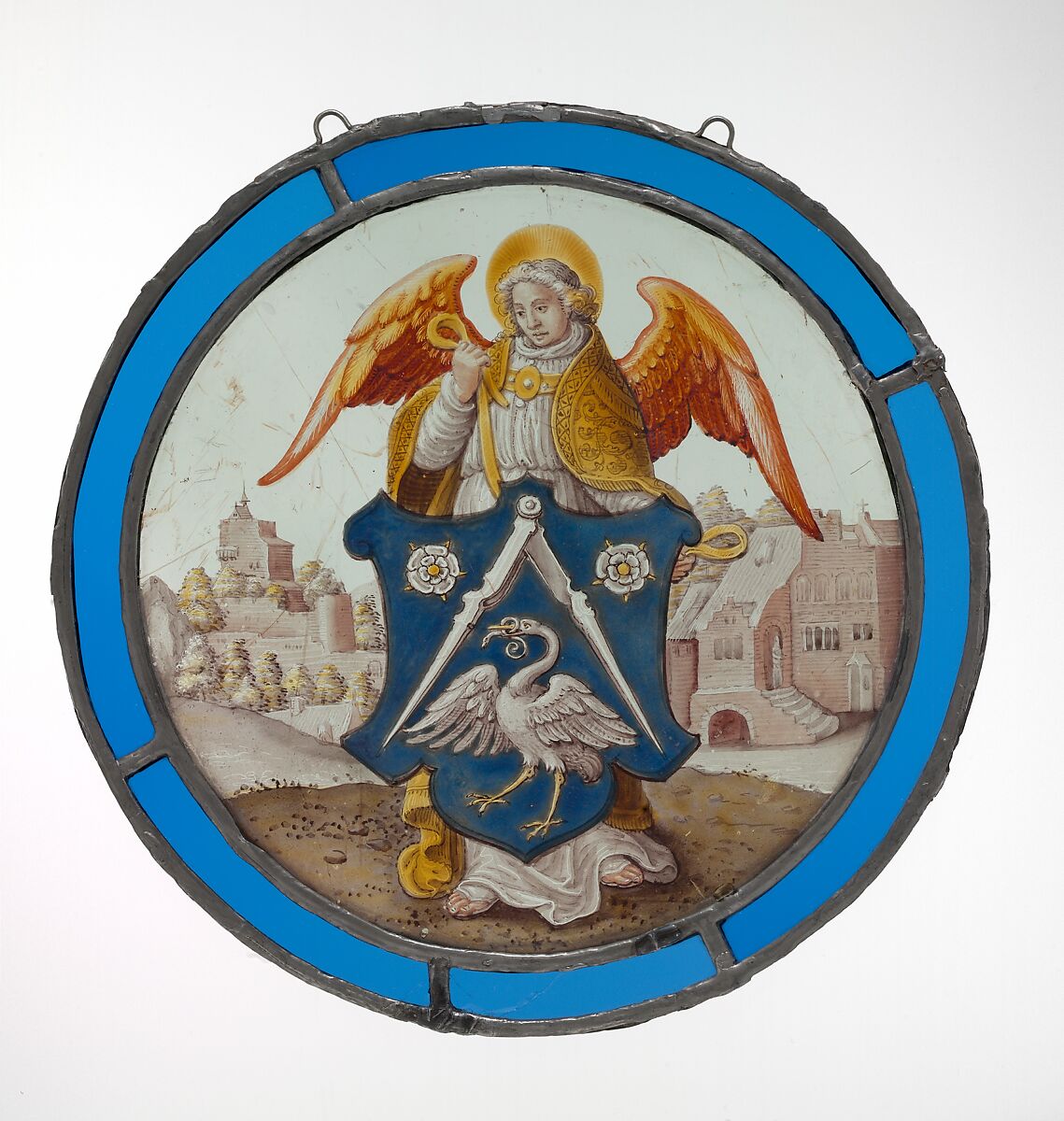 Angel Supporting a Heraldic Shield, Glass, vitreous paint, sanguine, enamel, and silver stain, South Netherlandish 