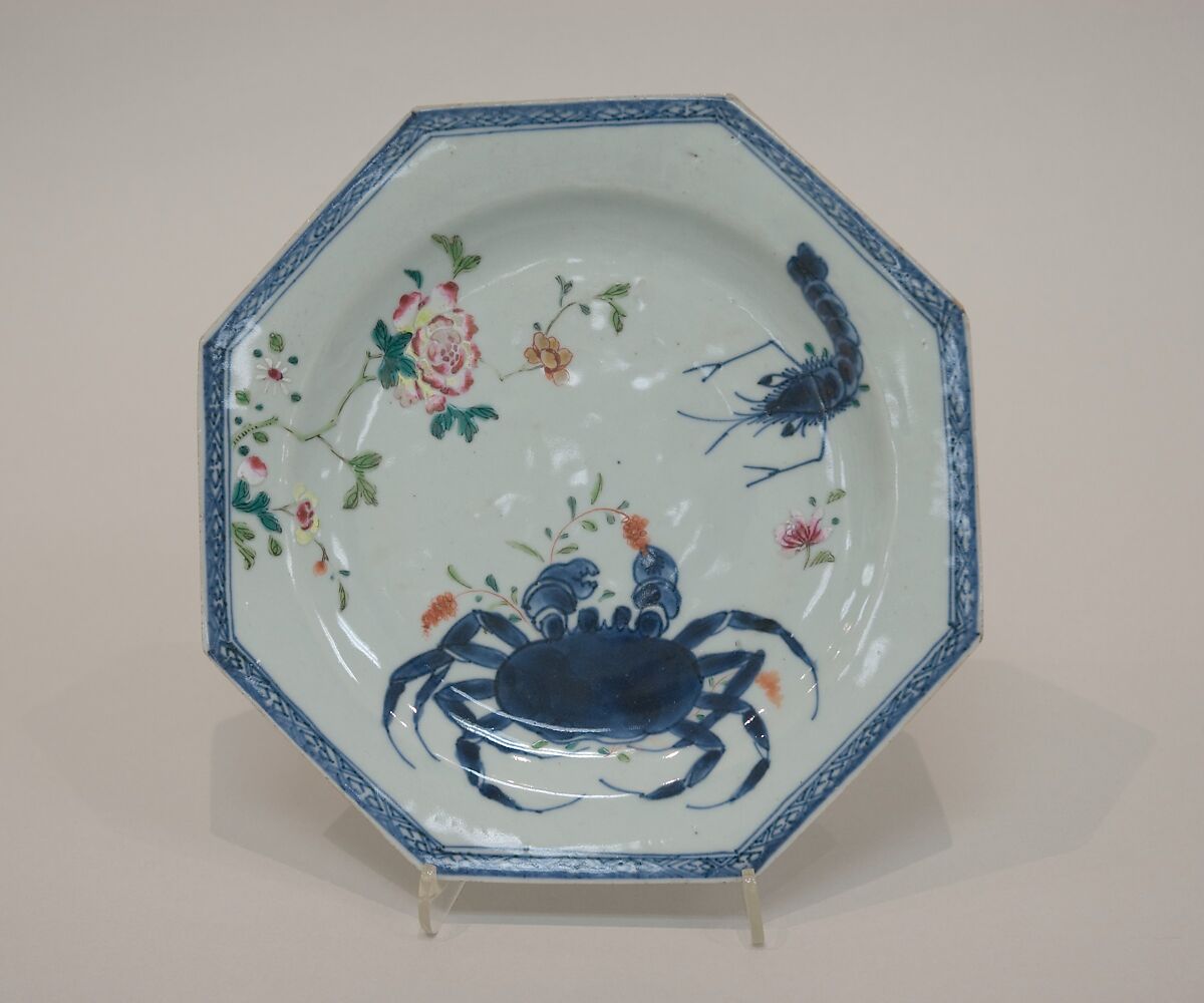 Octagonal dish with crab, shrimp, and flowers, Porcelain painted in underglaze cobalt blue and overglaze polychrome enamels (Jingdezhen ware), China 