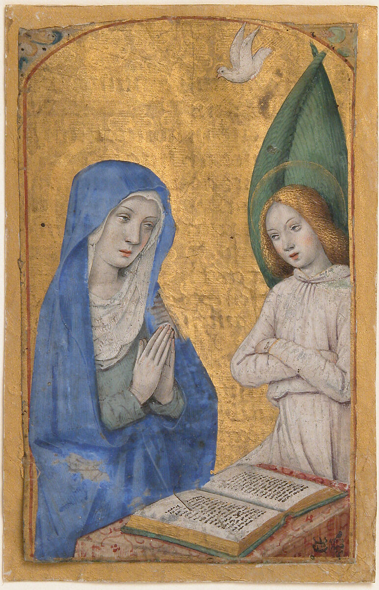 Manuscript Leaf with the Annunciation from a Book of Hours, Jean Bourdichon (French, 1457–1521 Tours), Tempera and shell gold on parchment, French 