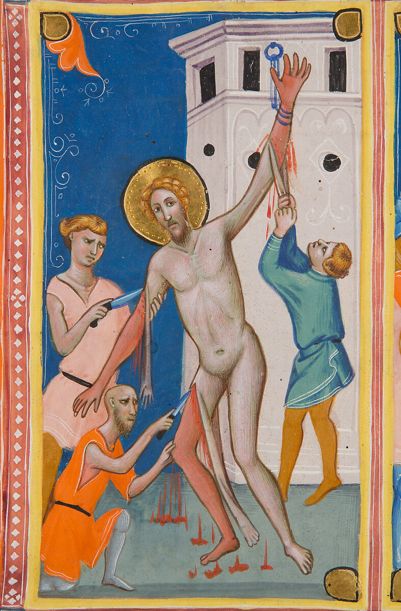 Manuscript Leaf with the Martyrdom of Saint Bartholomew, from a Laudario, Pacino di Bonaguida (Italian, active Florence 1302–ca. 1340), Tempera, gold, and ink on parchment, Italian