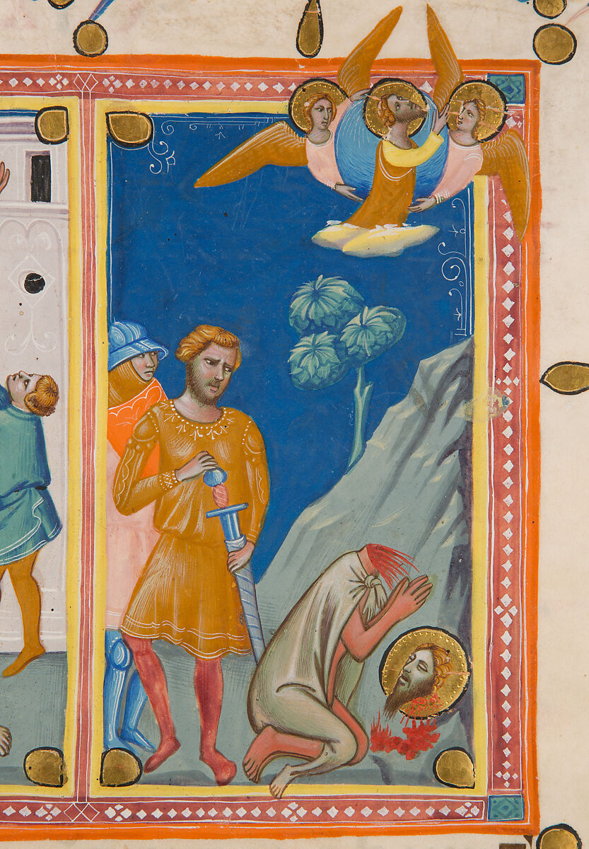 Manuscript Leaf with the Martyrdom of Saint Bartholomew, from a Laudario, Pacino di Bonaguida (Italian, active Florence 1302–ca. 1340), Tempera, gold, and ink on parchment, Italian