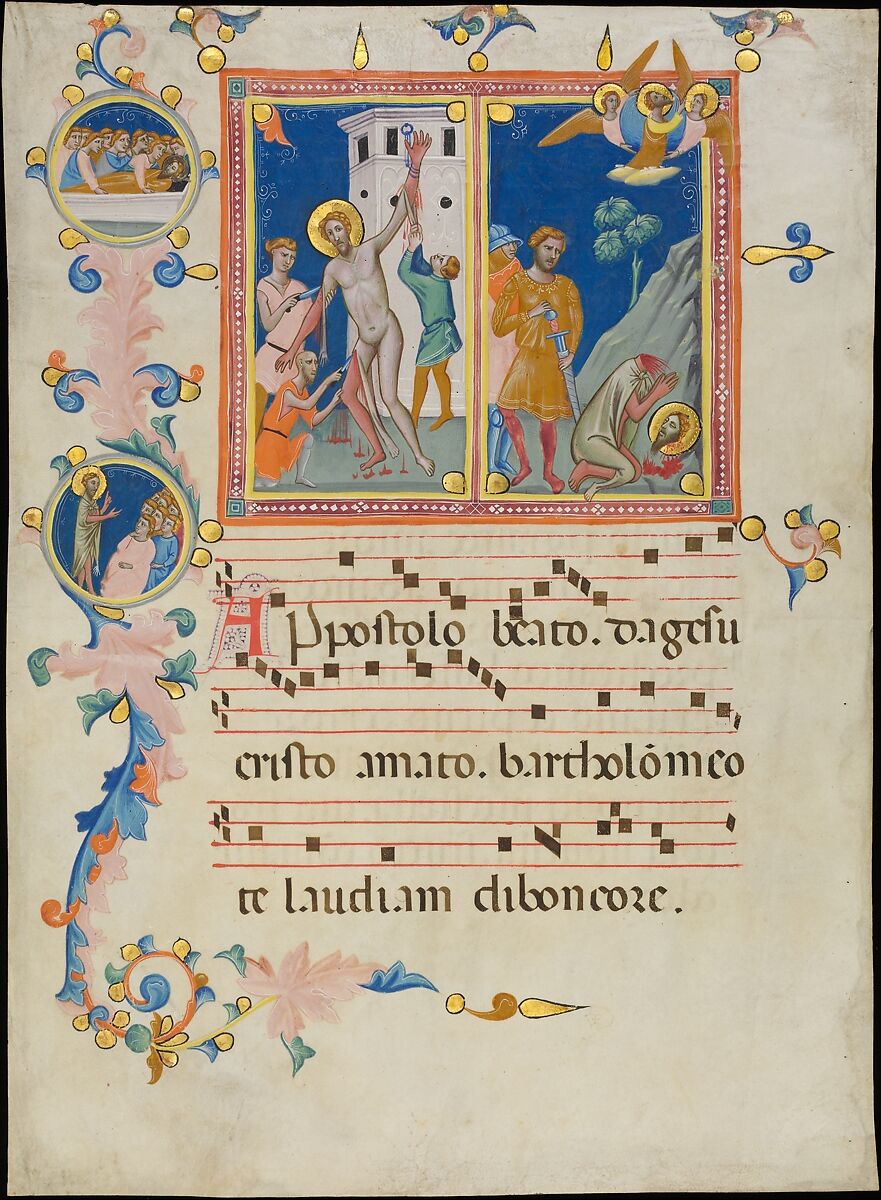 Manuscript Leaf with the Martyrdom of Saint Bartholomew, from a Laudario, Pacino di Bonaguida (Italian, active Florence 1302–ca. 1340), Tempera, gold, and ink on parchment, Italian 