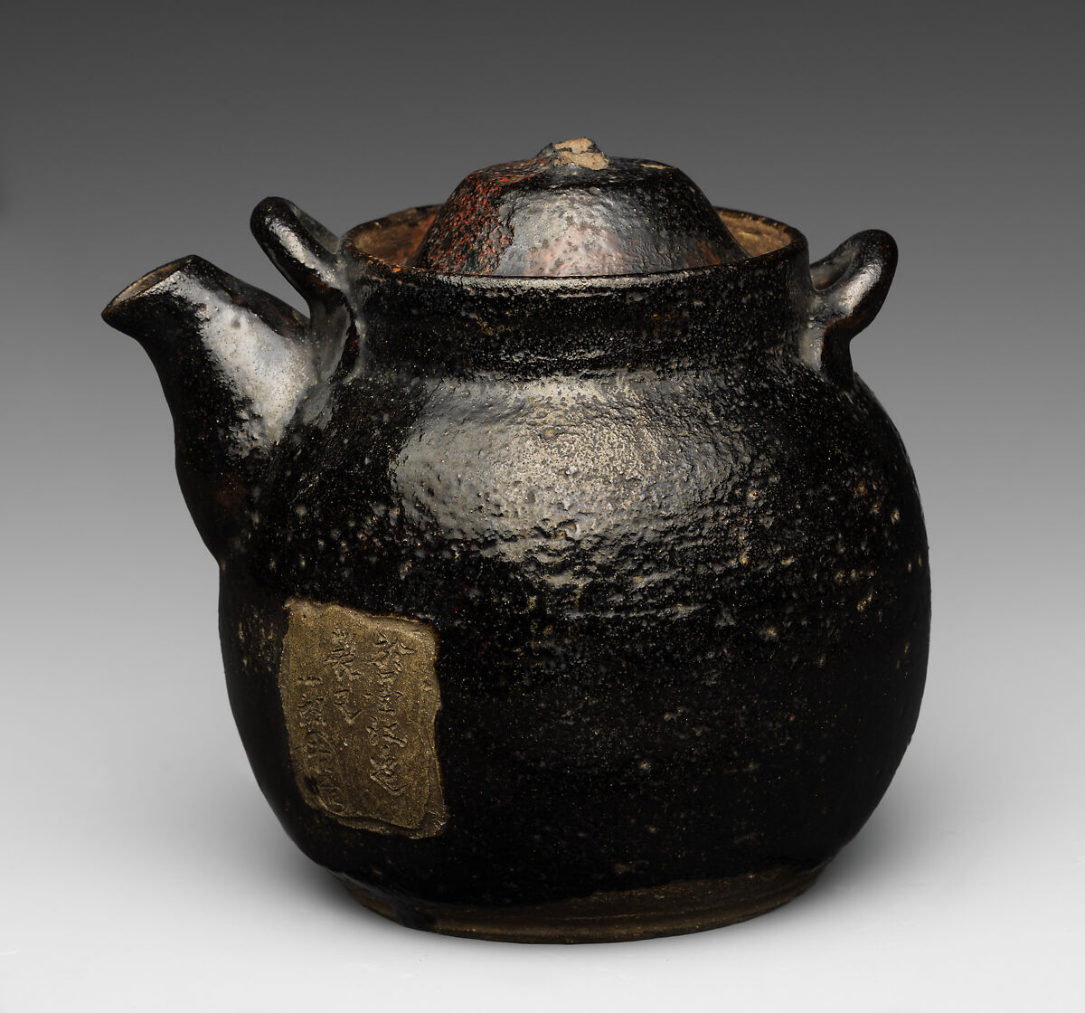 Teapot, Pottery covered with glaze and ornamented at sides (Kikko ware), Japan