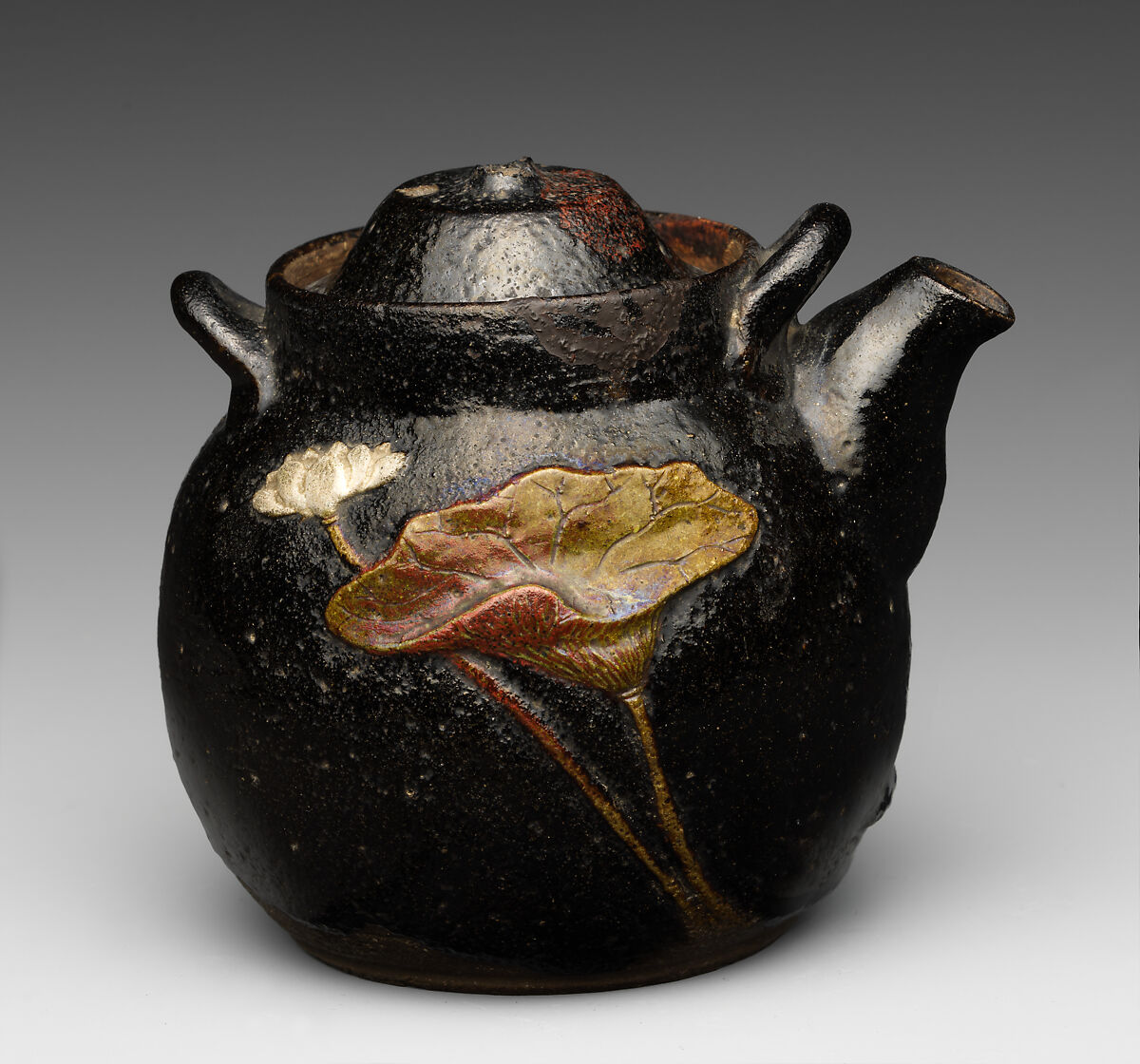 Teapot, Pottery covered with glaze and ornamented at sides (Kikko ware), Japan 