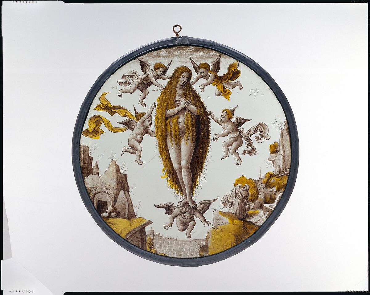 Roundel with Mary of Egypt crossing the Jordan, Colorless glass, vitreous paint, silver stain, South Netherlandish 