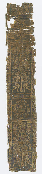 Fragment of a Band with Harvesters (?), Weft-faced compound twill ( samit ) in yellow and green silk 
