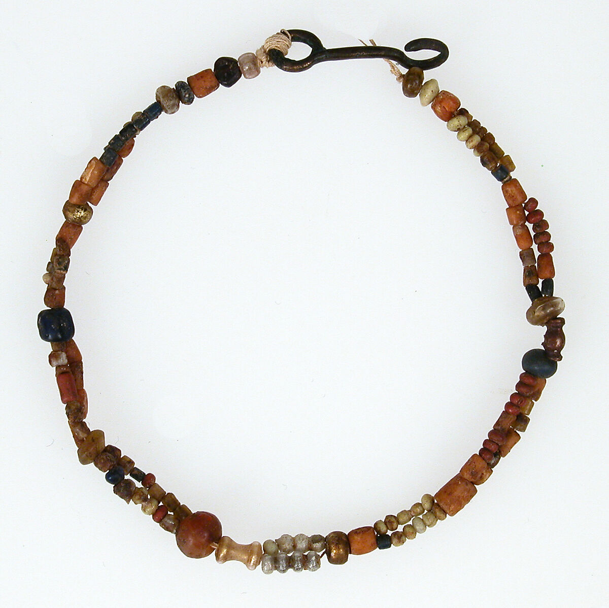 Double String of Beads, Glass, copper alloy hook, Coptic 