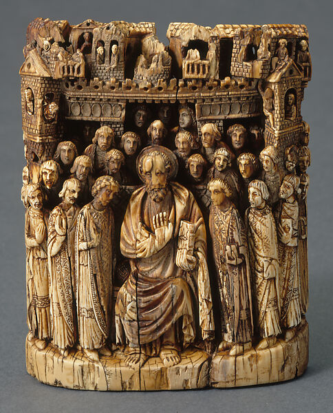 Tusk Fragment with Apostle (Saint Mark?) on Throne, Surrounded by Followers in Front of a City, Ivory 