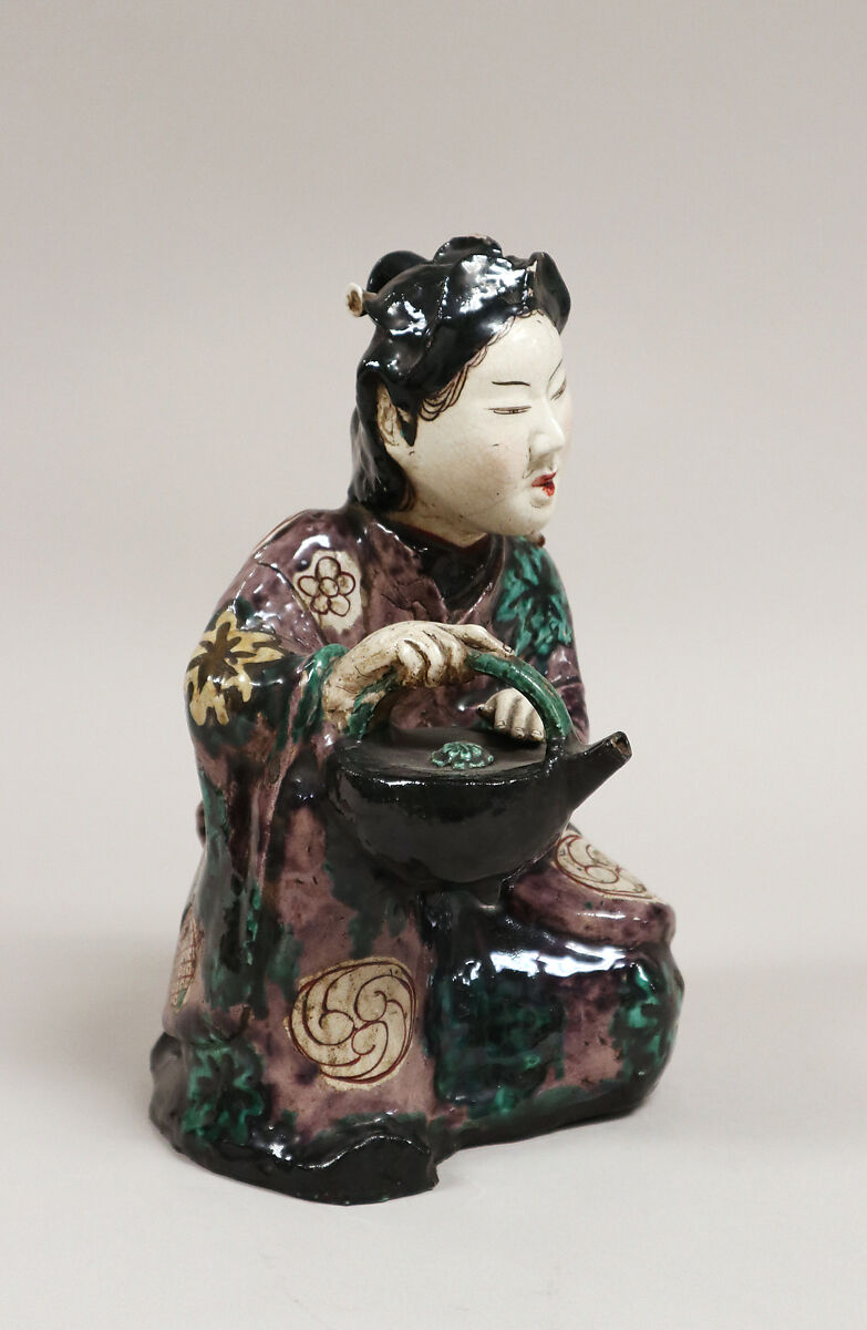 Figure of Girl with Wine-Kettle, Pottery decorated with enamels (Hizen ware, Kutani type), Japan