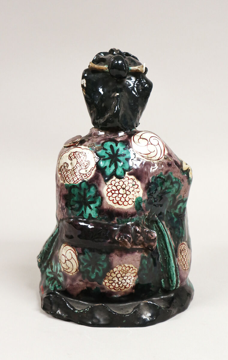 Figure of Girl with Wine-Kettle, Pottery decorated with enamels (Hizen ware, Kutani type), Japan