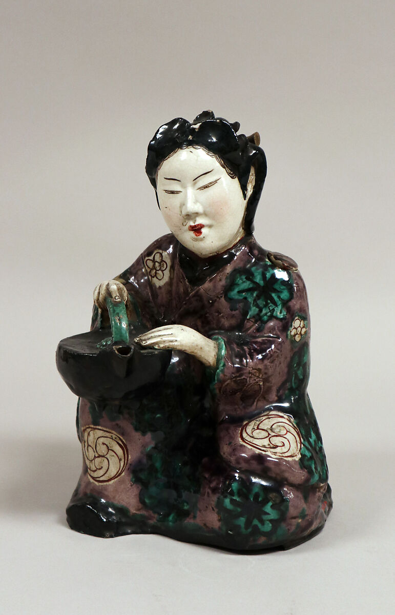 Figure of Girl with Wine-Kettle, Pottery decorated with enamels (Hizen ware, Kutani type), Japan