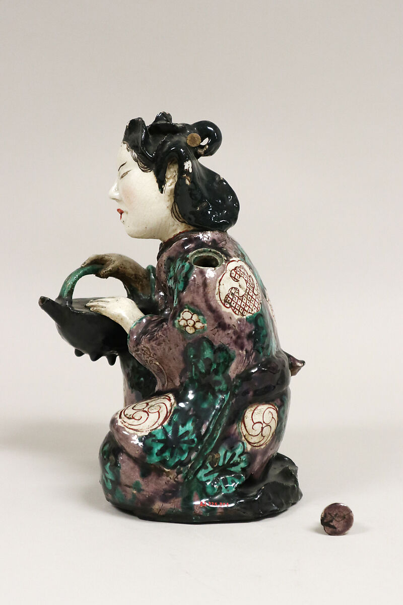 Figure of Girl with Wine-Kettle, Pottery decorated with enamels (Hizen ware, Kutani type), Japan