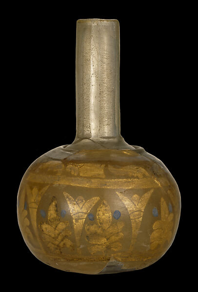 Luster-Painted Bottle, Glass, yellowish; gold and silver foil; blue enamel; facet-cut neck 