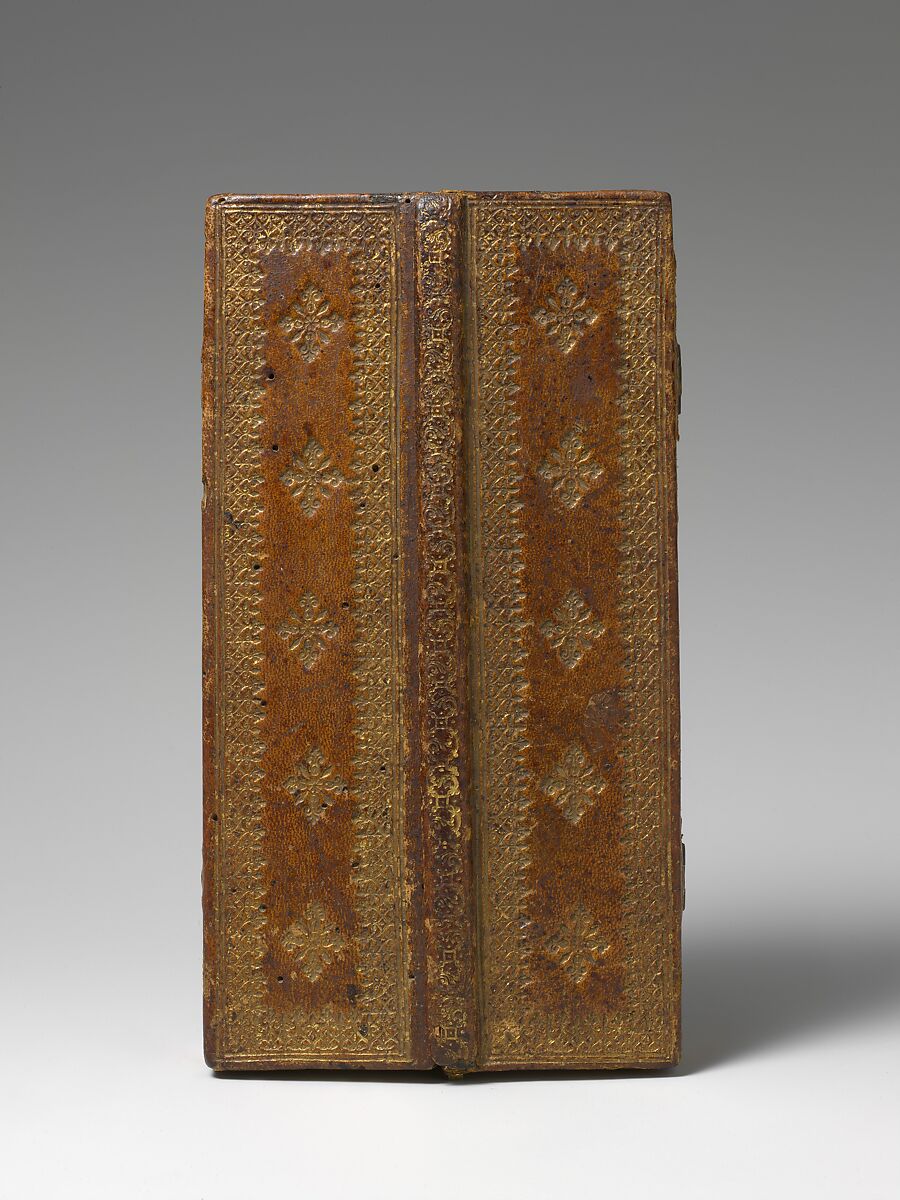 Triptych with the Passion of Christ, Mother-of-pearl, gilt wood frame, silk backing, and tooled leather covering, South German