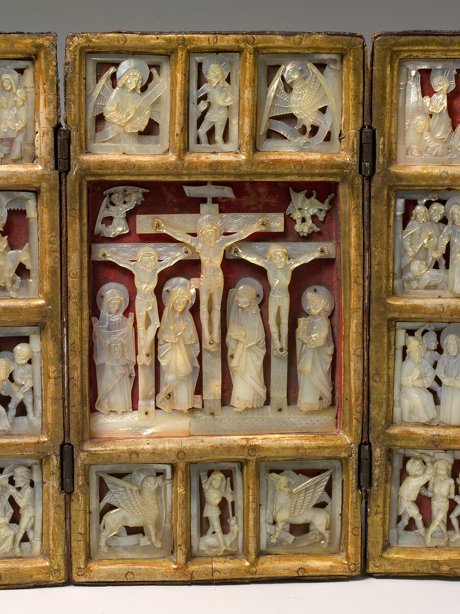 Triptych with the Passion of Christ, Mother-of-pearl, gilt wood frame, silk backing, and tooled leather covering, South German