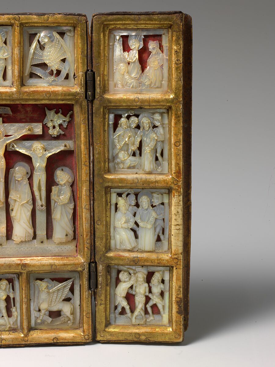 Triptych with the Passion of Christ, Mother-of-pearl, gilt wood frame, silk backing, and tooled leather covering, South German