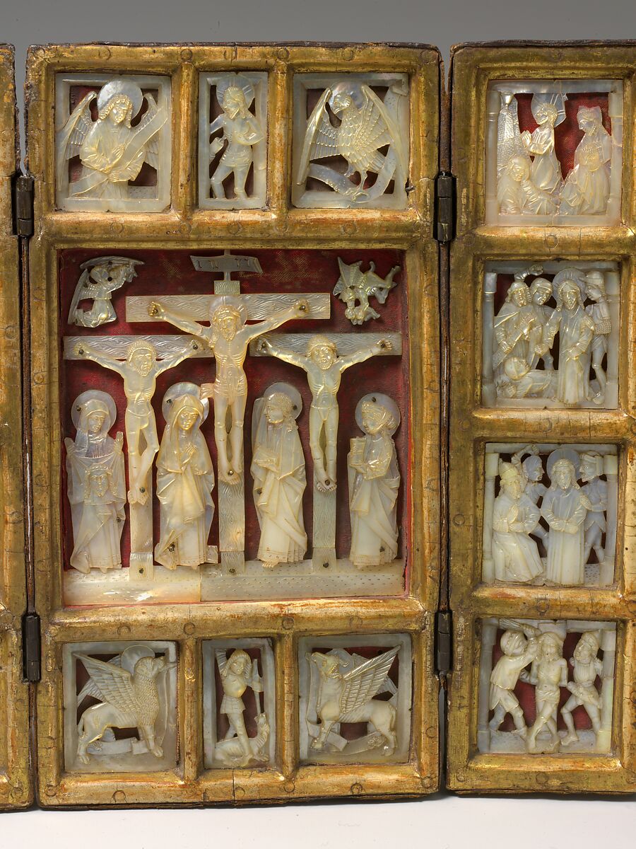 Triptych with the Passion of Christ, Mother-of-pearl, gilt wood frame, silk backing, and tooled leather covering, South German