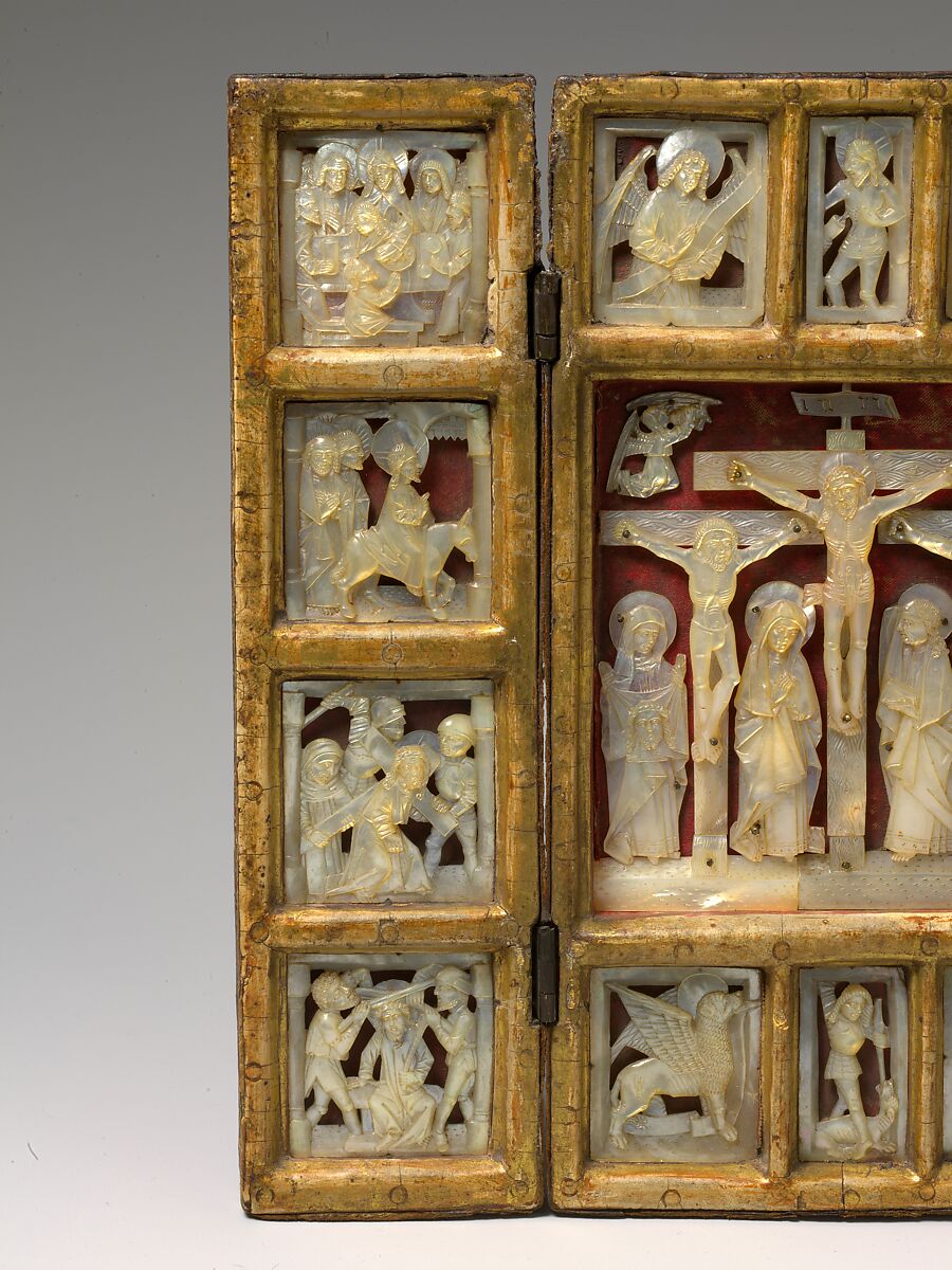 Triptych with the Passion of Christ, Mother-of-pearl, gilt wood frame, silk backing, and tooled leather covering, South German