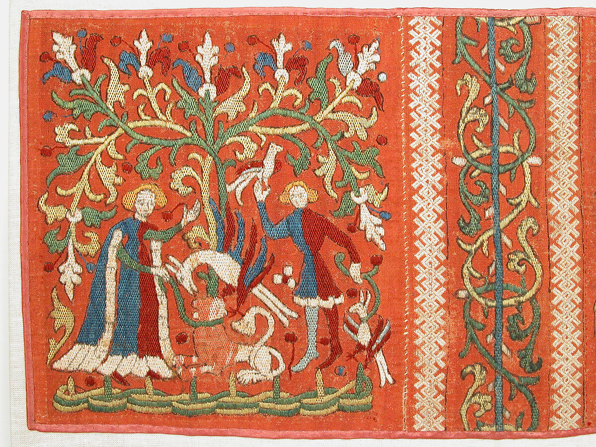 Embroideries with Allegorical Scenes, Silk and linen on woven linen ground with applied red pigment and black under- and overdrawing, German