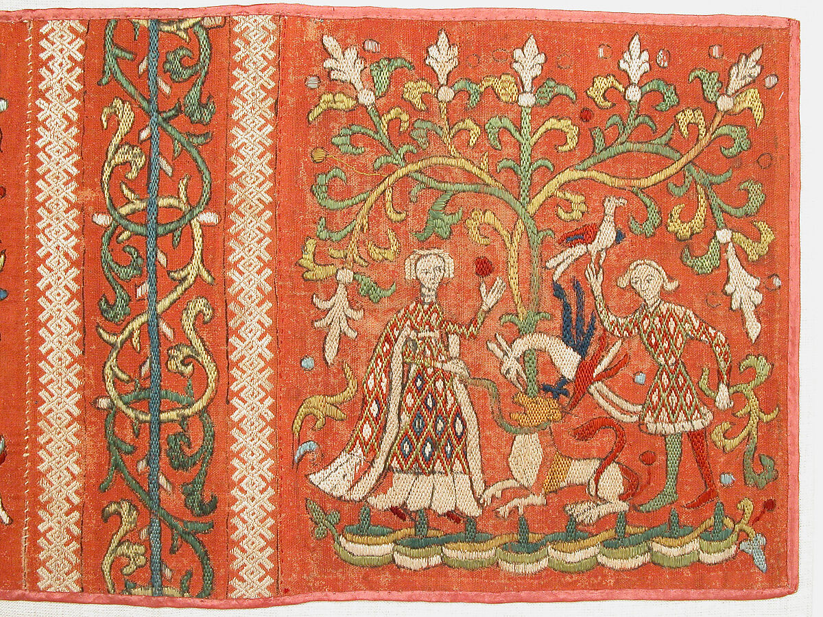 Embroideries with Allegorical Scenes, Silk and linen on woven linen ground with applied red pigment and black under- and overdrawing, German