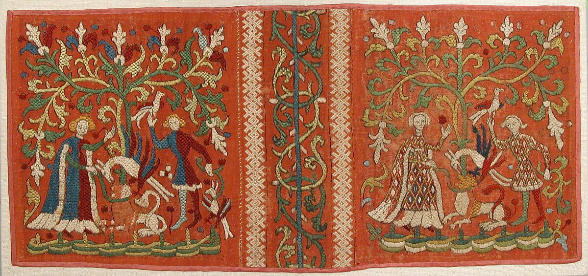 Embroideries with Allegorical Scenes, Silk and linen on woven linen ground with applied red pigment and black under- and overdrawing, German 