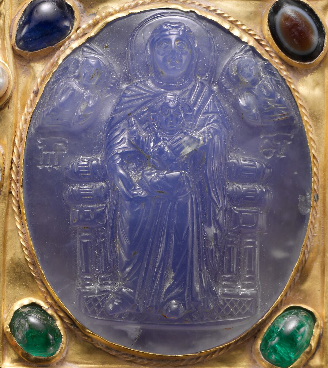 Pendant Brooch with Cameo of Enthroned Virgin and Child and Christ Pantokrator, Chalcedony cameo; gold mount with pearls, emeralds, garnets, sapphires, and a sardonyx intaglio, Byzantine