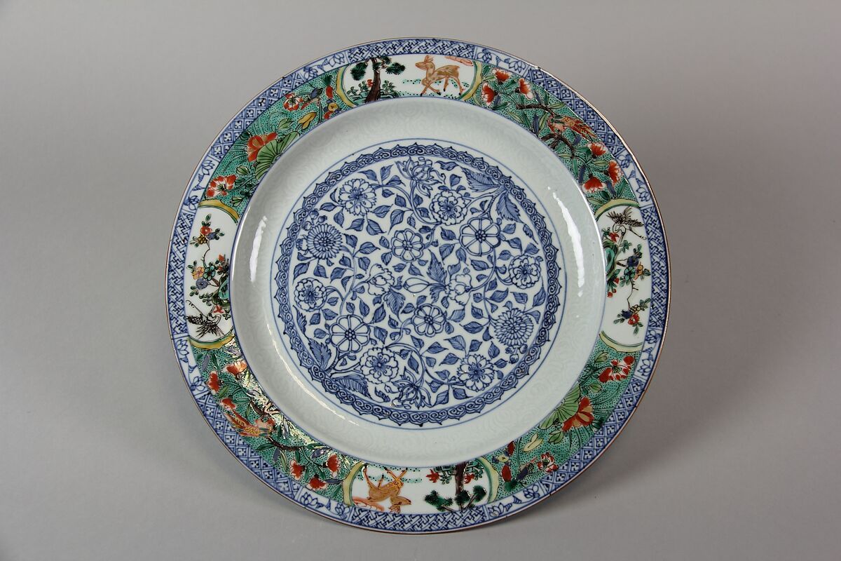 Plate, Porcelain painted in underglaze blue, incised, and overglaze polychrome enamel decoration, China 