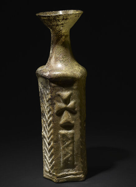 Hexagonal Bottle with Stylite, Glass, mold-blown, dull green 