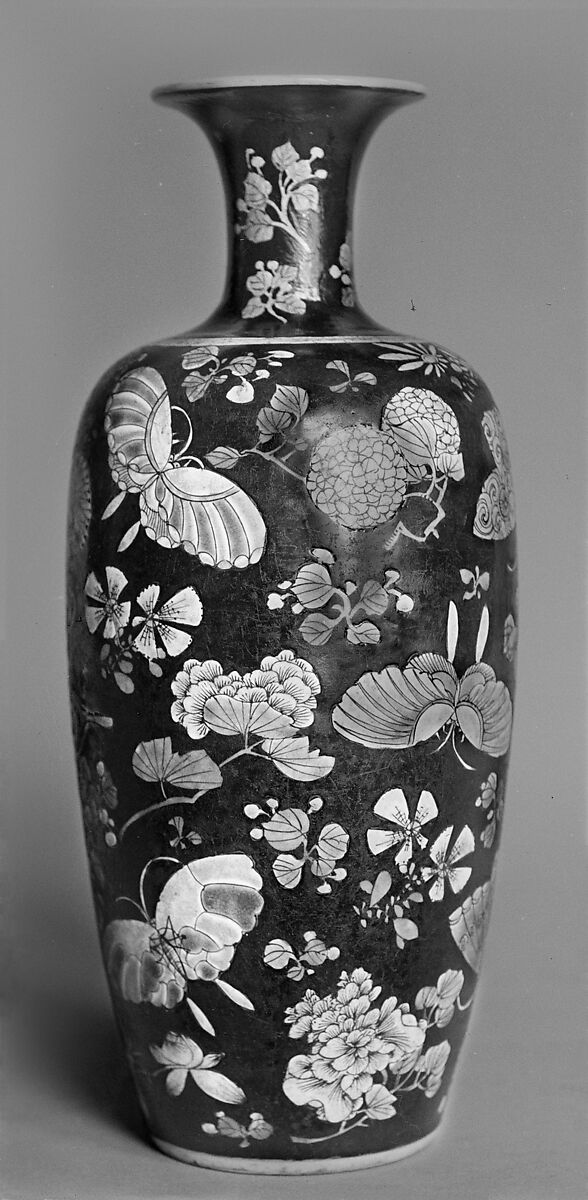 Vase with butterflies and flowers, Porcelain with polychrome enamels over black ground (Jingdezhen ware, famille noire), China 
