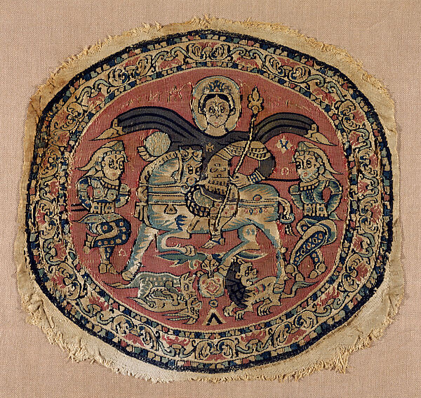 Roundel with a Byzantine Emperor, Probably Heraclius, Tapestry weave in red, pale brown, and blue wools and undyed linen on plain-weave ground of undyed linen 