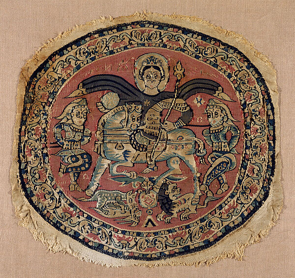 Roundel with a Byzantine Emperor, Probably Heraclius, Tapestry weave in red, pale brown, and blue wools and undyed linen on plain-weave ground of undyed linen 
