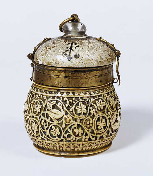 Pyxis with Vine Scrolls and Birds, Ivory and red, blue, and black paint; beechwood lid, painted and gilded, with rock crystal knob and gilt copper fittings, added later 