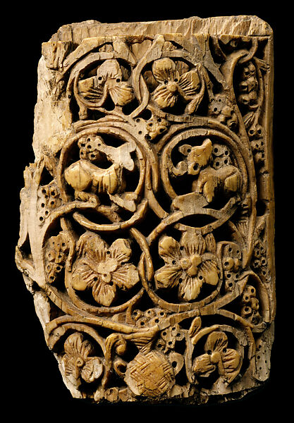 Plaque Decorated with Vine Scroll and Animals, Carved ivory 